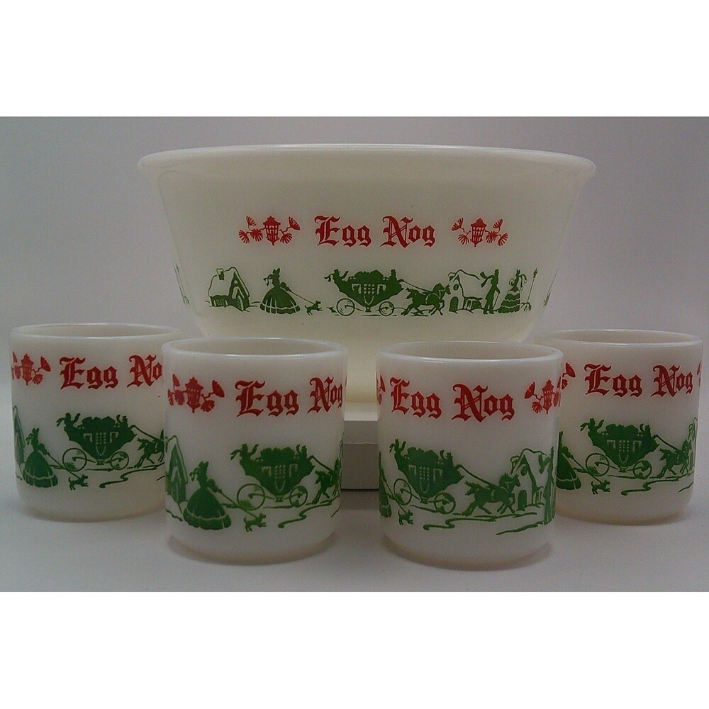 Vintage Hazel Atlas Tom And Jerry Milk Glass Egg Nog Set With Bowl and 4 Cups